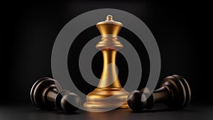 3d visualization Gold queen chess, standing against black background