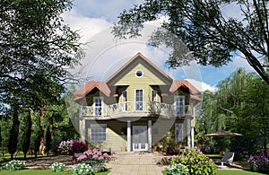 3D visualization. The house is in the background of a beautiful