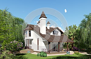 3D visualization. The house is in the background of a beautiful