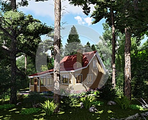 3D visualization. House in the forest.