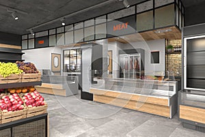 3D visualization of the interior of the grocery store. Design in loft style.