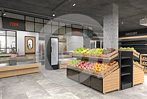 3D visualization of the interior of the grocery store. Design in loft style.