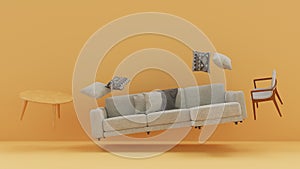 3d visualization of a sofa next to a table, objects took off