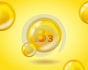 3D Vitamin drop B3 Niacin pill capsule. Realistic B3 Niacin Vitamin complex design illustration. Yellow drug nutrition