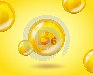 3D Vitamin drop B6 Pyridoxine pill capsule. Realistic B6 Pyridoxine Vitamin complex design illustration. Yellow drug