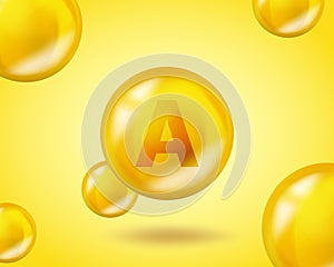 3D Vitamin drop A Retinol pill capsule. Realistic A Retinol Vitamin complex design illustration. Yellow drug nutrition