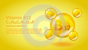 3D Vitamin molecule B12 Cyanocobalamin design. Realistic B12 Cyanocobalamin Vitamin drop. Yellow nutrition complex