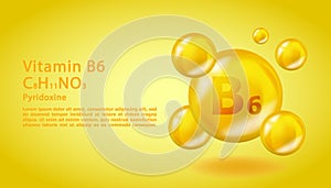 3D Vitamin molecule B6 Pyridoxine design. Realistic B6 Pyridoxine Vitamin drop. Yellow nutrition complex illustration.