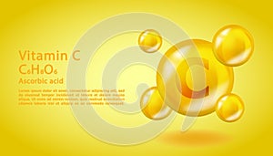 3D Vitamin molecule C Ascorbic acid design. Realistic C Ascorbic acid Vitamin drop. Yellow nutrition complex