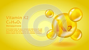 3D Vitamin molecule K2 Menaquinone design. Realistic K2 Menaquinone Vitamin drop. Yellow nutrition complex illustration.