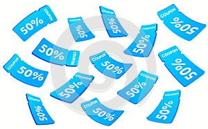 3d vouchers or coupons in different points of view, number of percentage discount, isolated on white background. Black