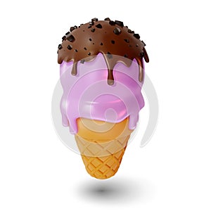 3d Waffle Cone with Scoops of Ice Cream Sweet Dessert Food Cartoon Style. Vector