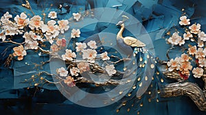 3d wall art decor of blue peacock with textured spring flowers