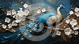 3d wall art decor of blue peacock with textured spring flowers