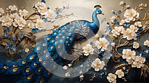 3d wall art decor of blue peacock with textured spring flowers