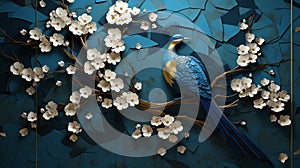 3d wall art decor of blue peacock with textured spring flowers