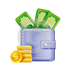 3D wallet icon, green cash bills, payment card, vector money finance bank illustration, dollar coin stack.