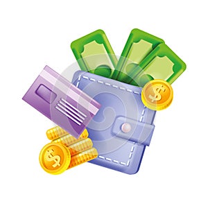 3D wallet icon, vector money finance bank illustration, dollar coin stack, green cash bills, payment card.