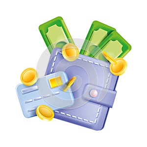 3D wallet icon, vector money finance bank illustration, green cash bills, payment card, dollar coin stack.