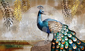 3d wallpaper. 3d colorful peacock on the stem. golden tree branches. 3d mural background. paint wall canvas poster art decor