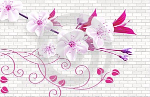 3d wallpaper abstract background with wall bricks and pink flowers green branch