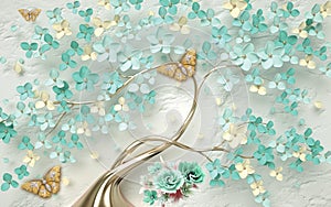 3d wallpaper abstract floral background with green flowers and golden butterfly