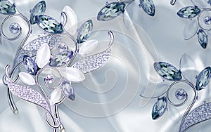 3d wallpaper blue and silver jewelry flowers on blue silk background