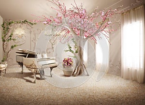 3d wallpaper classic pink tree and piano inside the room