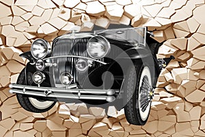 3d wallpaper design with a classic car jumping out of broken graffinti wall