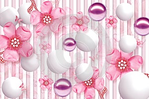 3D Wallpaper Design with Floral and Geometric Objects gold ball and pearls, gold jewelry wallpaper purple flower
