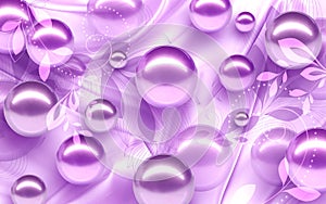 3D Wallpaper Design with Floral and Geometric Objects gold ball and pearls, gold jewelry wallpaper purple flower