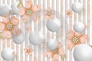 3D Wallpaper design for photomurals with jewels, florals and upholstry