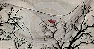 3d wallpaper, face line, red lips, fabric canvas texture
