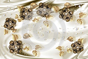 3D wallpaper, gold jewelry flowers on silk background.