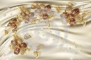3D wallpaper, gold jewelry flowers on silk background.