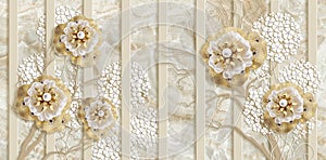 3d wallpaper, gold jewelry flowers, vertical stripes on marble background