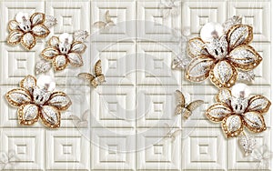 3d wallpaper golden diamond flowers on gray leather background
