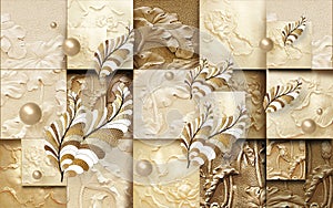 3d wallpaper golden feathers of birds on decorative background