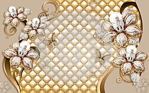 3d wallpaper golden jewelry flowers on golden leather background
