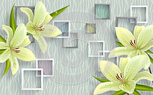 3d wallpaper green flowers on a background of many squares