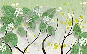 3d wallpaper green leaves and flowers on a background of twigs