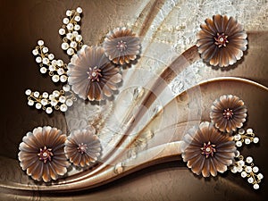 3d wallpaper, jewelry flowers, pearls on lace background.