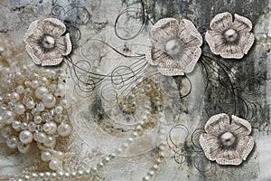 3d wallpaper, jewelry flowers, pearls on lace and concrete wall background. Murals effect.