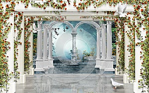 3d wallpaper landscape view of the entrance to the palace, roses and birds