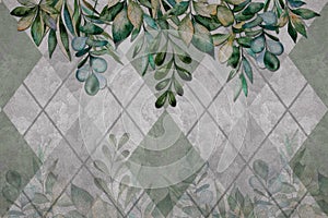 3d wallpaper, leaves texture on cement wall, geometric background. Murals effect.
