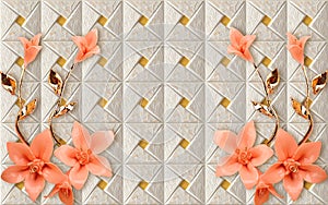 3D Wallpaper mural Design with Floral and Geometric golden branch chinese marble wallpaper flowers rose flower