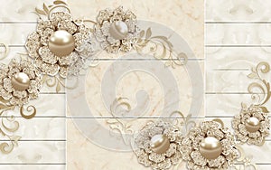 3D Wallpaper mural Design with Floral and Geometric Objects gold ball and pearls, gold jewelry wallpaper purple flowers