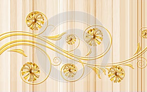 3D Wallpaper mural Design with wooden golden Floral and Geometric Objects gold ball and pearls, gold jewelry wallpaper