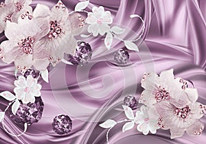 3d wallpaper pink diamond flowers on move silk background