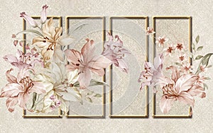 3d wallpaper pink painted flowers on golden frame background